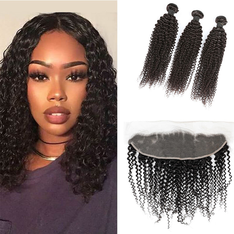 Peruvian Kinky Curly Weave  3 Bundles And Lace Frontal 13x4 Hair