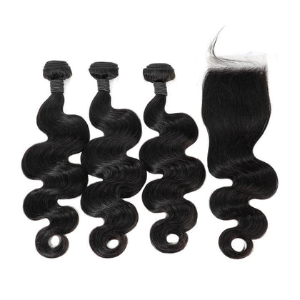 Brazilian Hair Body Wave 3 Bundles With 4×4 Lace Closure Human Hair Bundles Swiss Lace Remy Hair Free Part