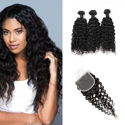 100% Human Hair Bundles Vigin Cuticle Aligned Curly Hair With Lace Closure