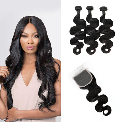 Brazilian Body Wave 3 Bundles With 4*4 Lace Closure 100% Human Hair Weft