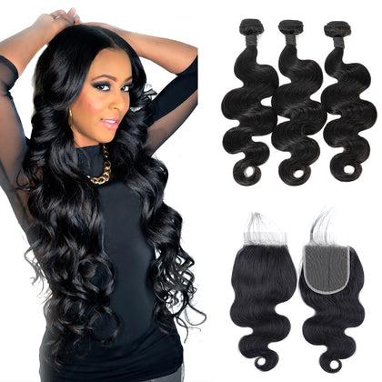 Just-hairextension Body Wave 3 Bundles with Lace Closure Free Part