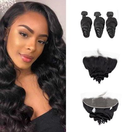 Brazilian Loose Wave Hair 3 Bundles Deals With Lace Frontal 13x4 Inch