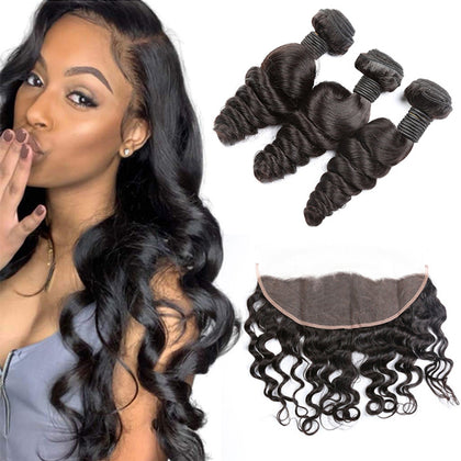 Brazilian Loose Wave Hair 3 Bundles Deals With Lace Frontal 13x4 Inch